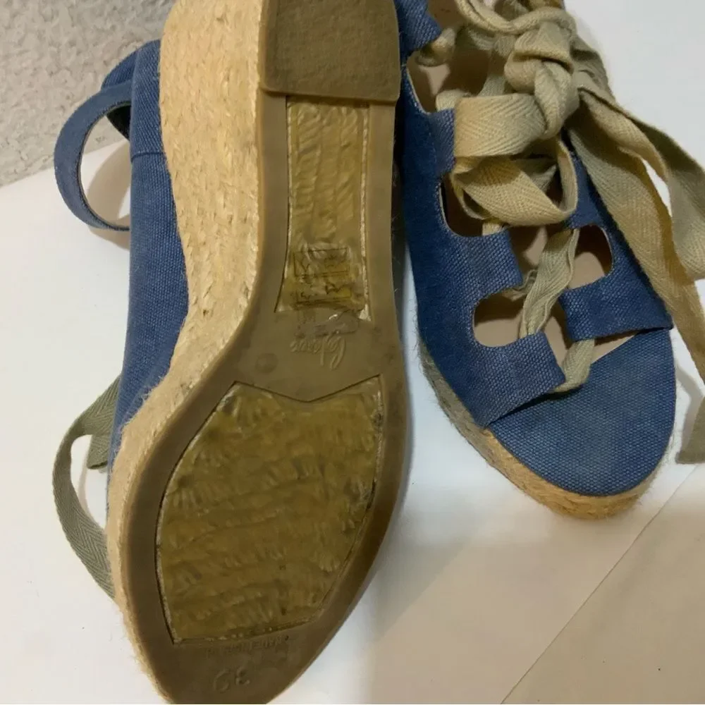 Castaner Leather lace up Denim look platform Wedge Espadrille Sandals 39